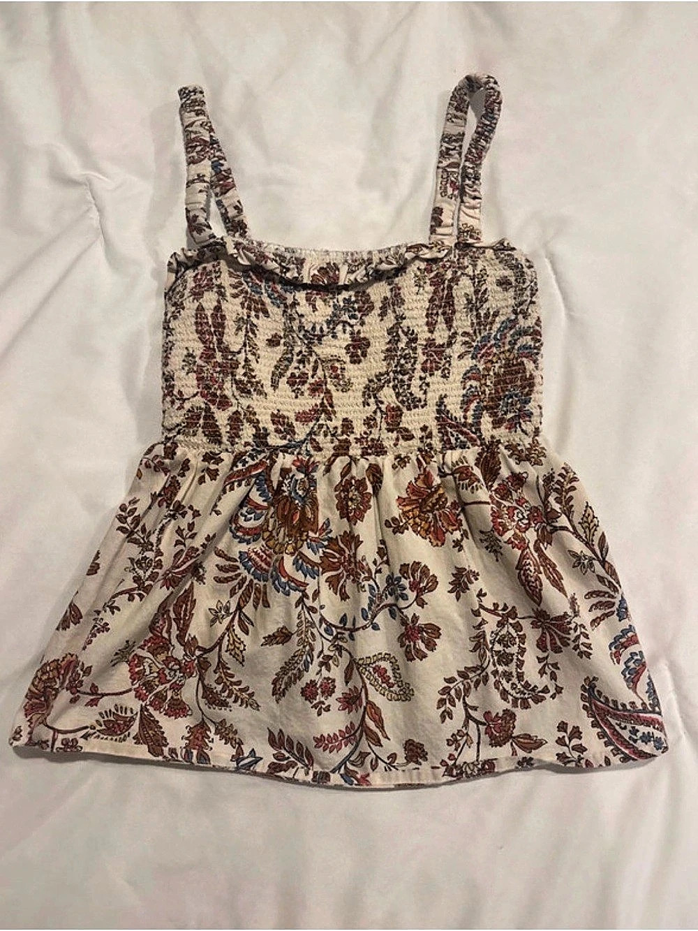 Old Navy Smocked Floral Peplum Top Cream & Red XS